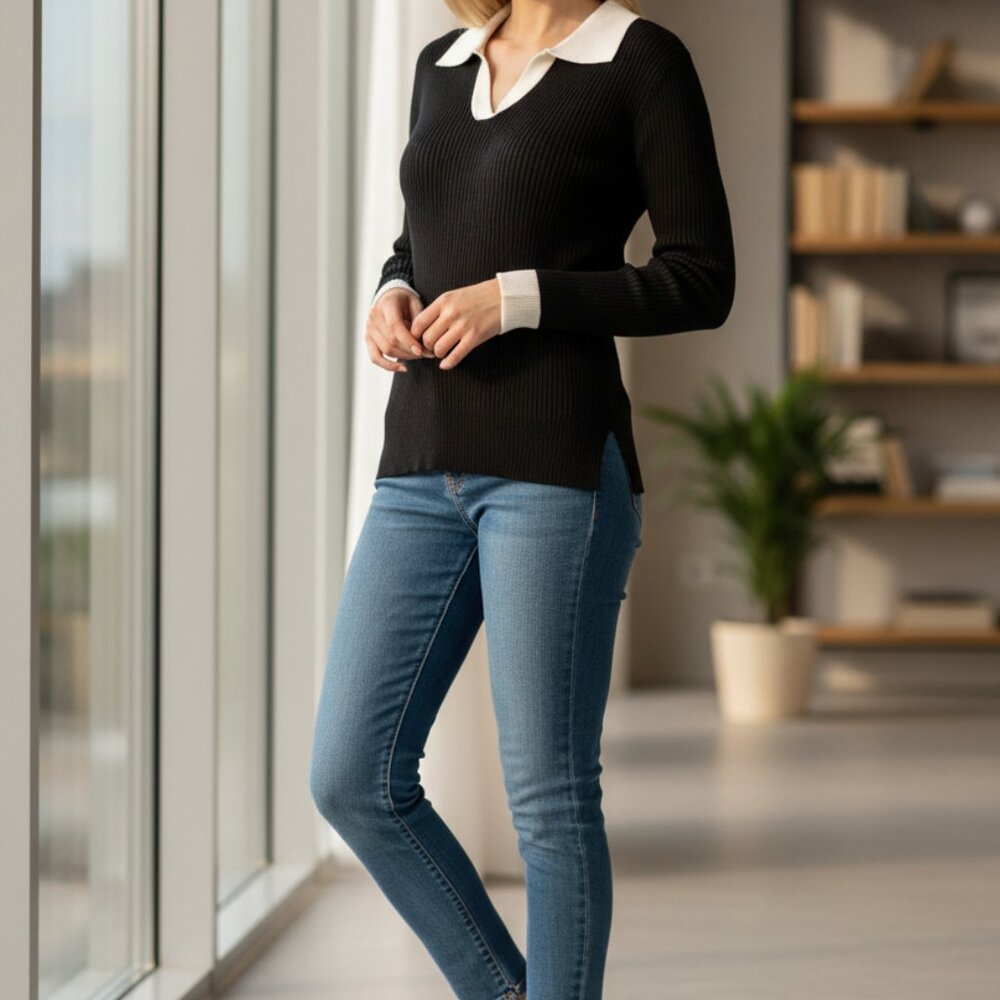 Zeagoo‎ Black & White Knit Long Sleeve Collared Sweater XXL
